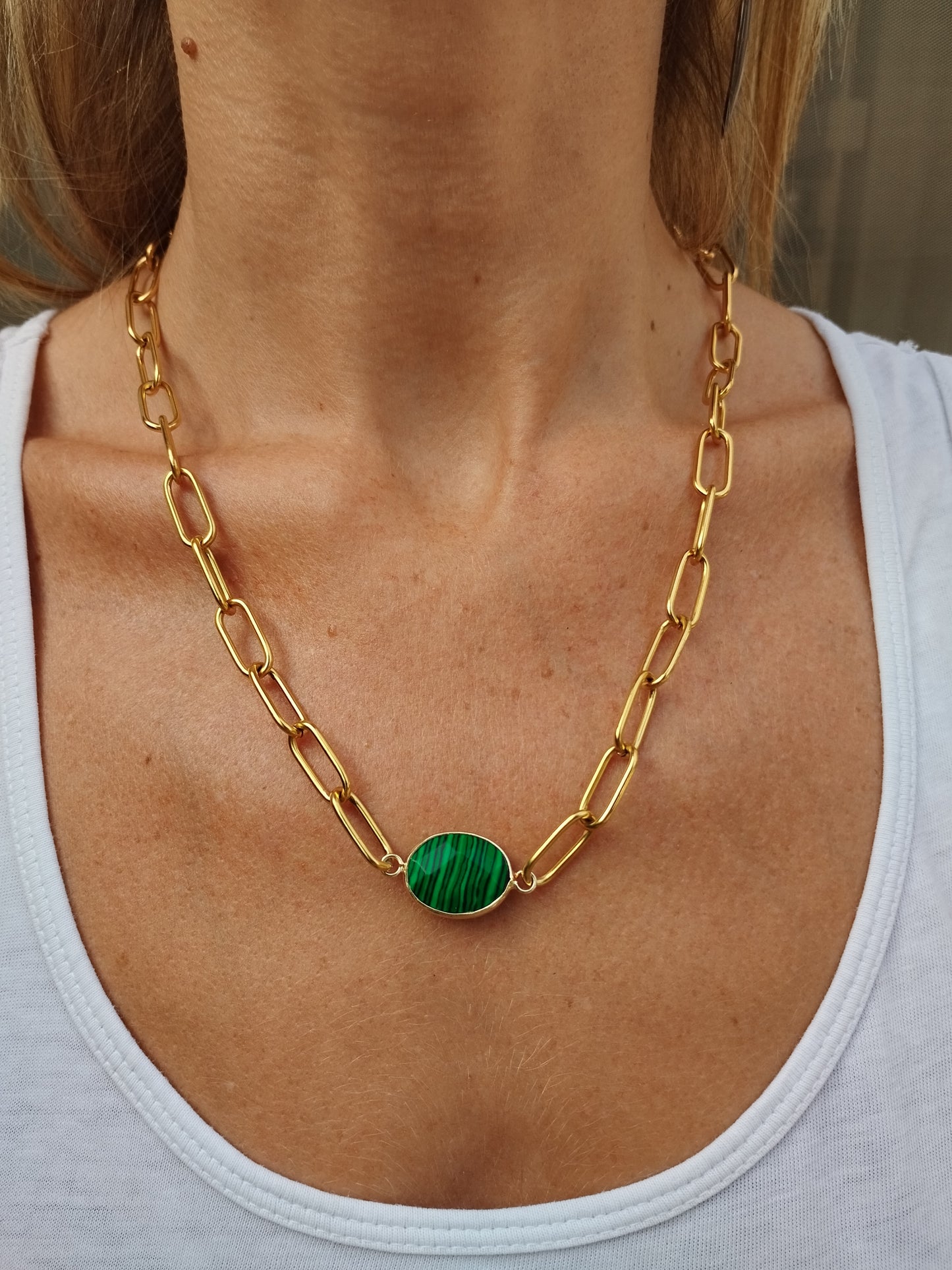 Collar eslabon grande con Malaquita verde