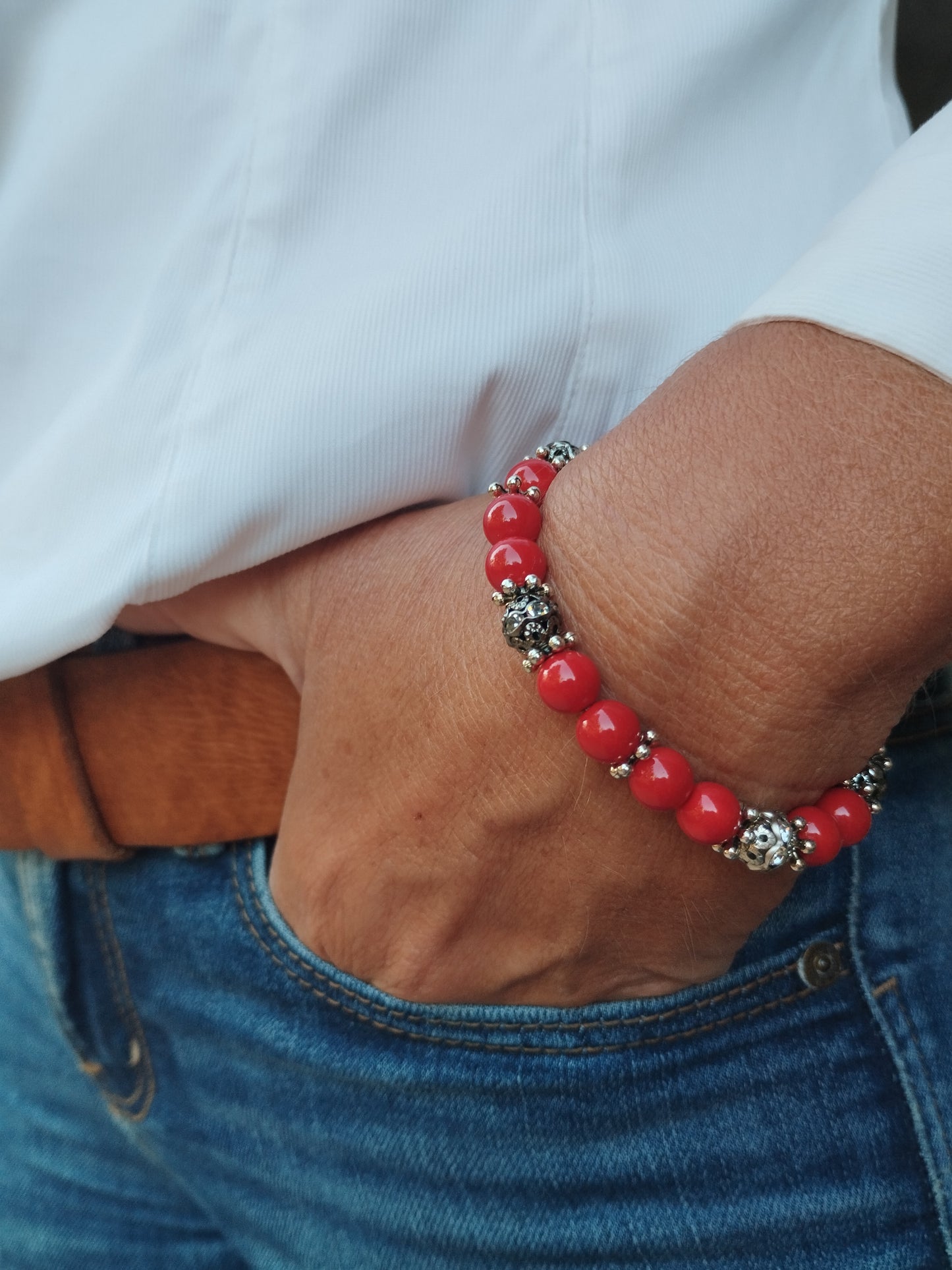 Pulsera Coral Rojo y Circonitas