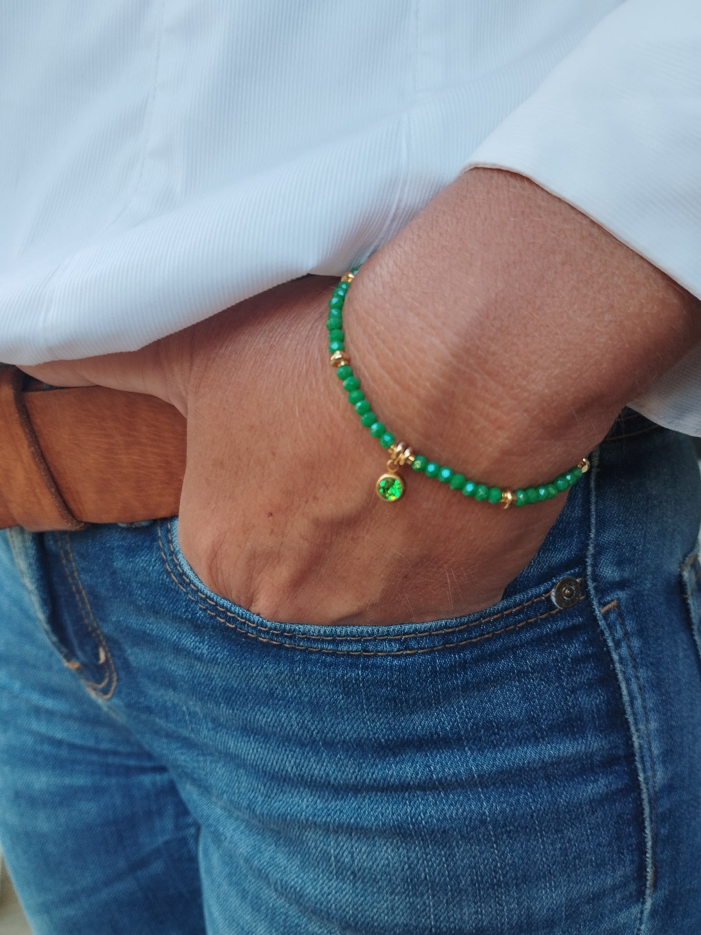 Pulsera verde con cristal de la suerte